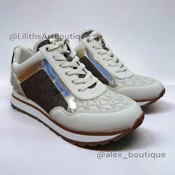 Michael Kors Maddy Vanilla/ Brown Two-Tone Logo Trainer Women's Sneakers 5.5 - Picture 3 of 13